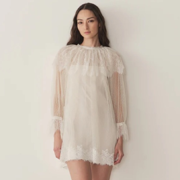 NWT Doen Lilith Lace Tulle Ruffle Collar Long Sleeve Mini Dress Crème de Lune - Picture 5 of 16